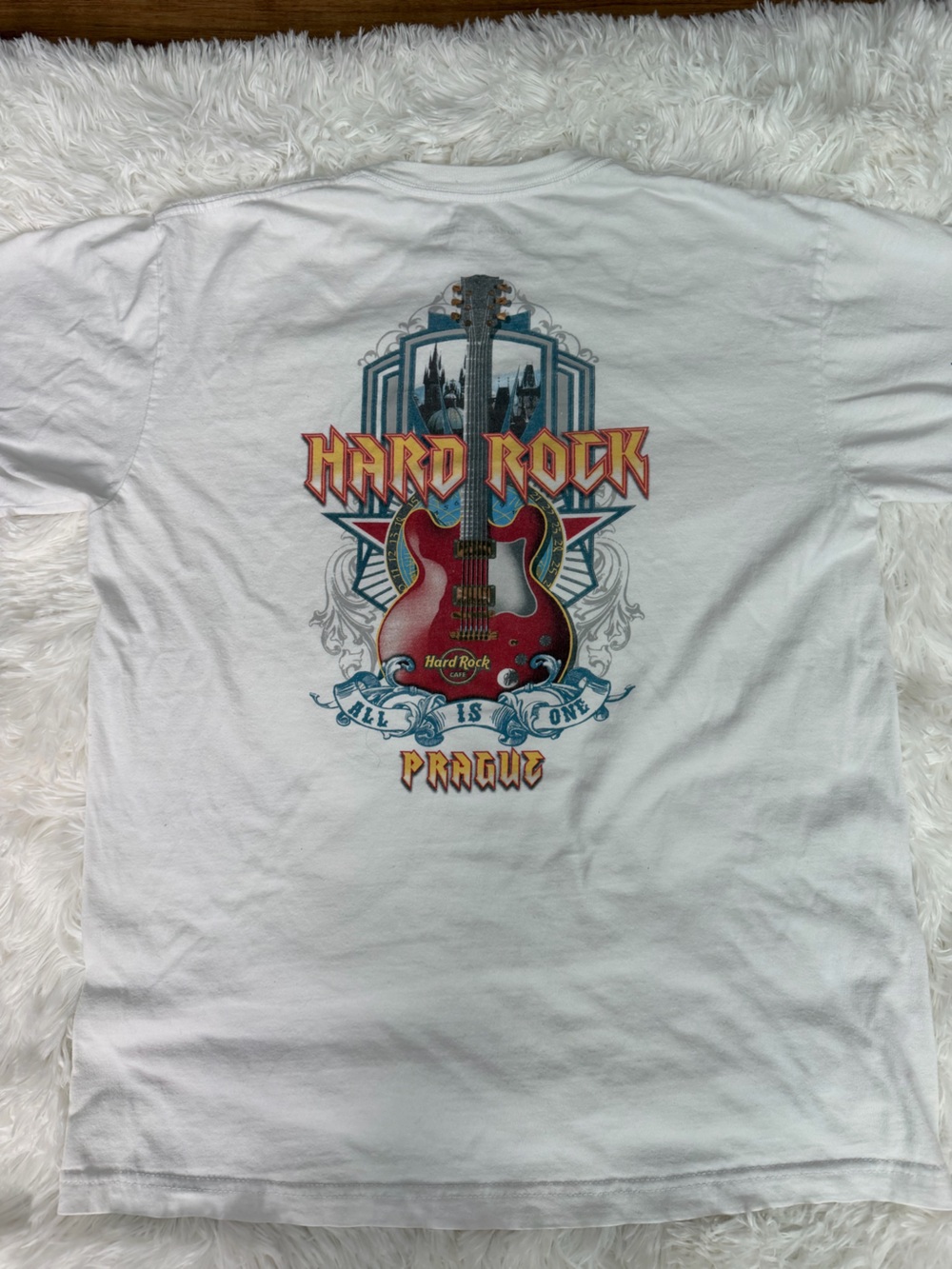 Hard Rock Cafe White Tee with Red Guitar Graphic - Prague